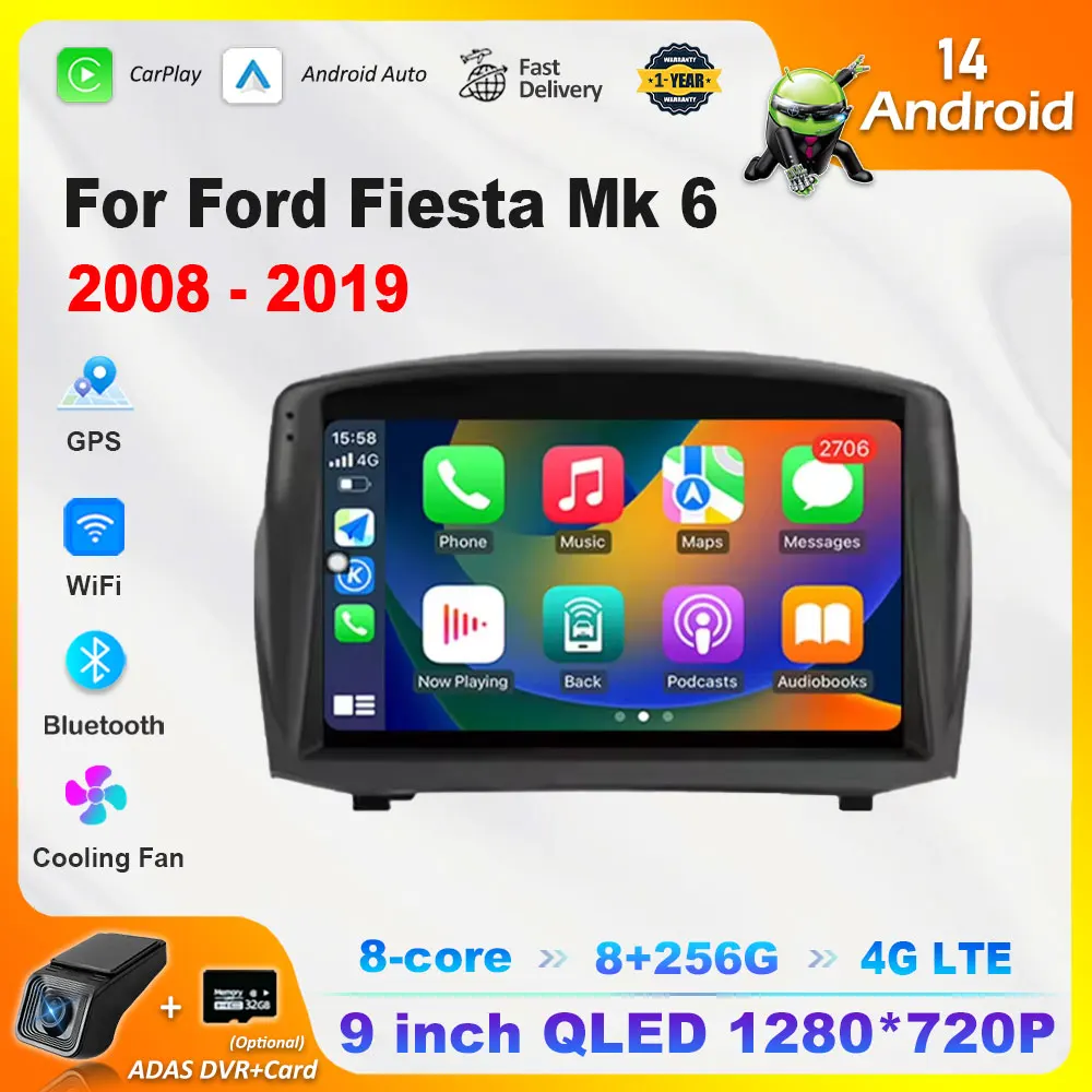 Android 14 Car Video Multimedia Player GPS Navigation 9 '' for Ford Fiesta Mk 6 2008 - 2019 Split Screen 4G WiFi Cooling Fan