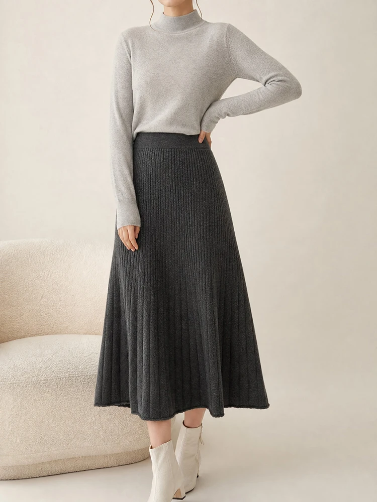 100% Pure Wool Skirt For Women's Medium Long Knitted High Waist Slim A-line Large Swing Umbrella Style Cashmere Pleated Skirt