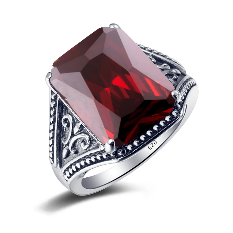 100% 925 Sterling Silver Garnet Mens Rings With Stone 12*16mm Rectangle Big Vintage Byzantine Jewelry Gifts For Men