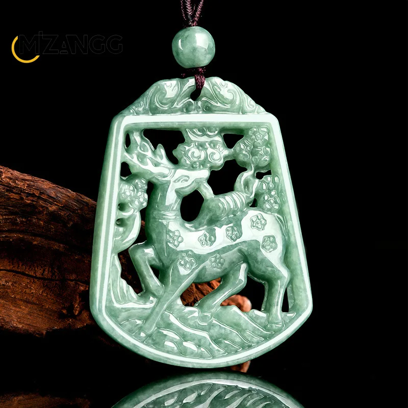 

Natural Jadeite Bean Green All The Way To Have You Plum Blossom Deer Jade Pendant Hand-carved Ethnic Style Couple Holiday Gift