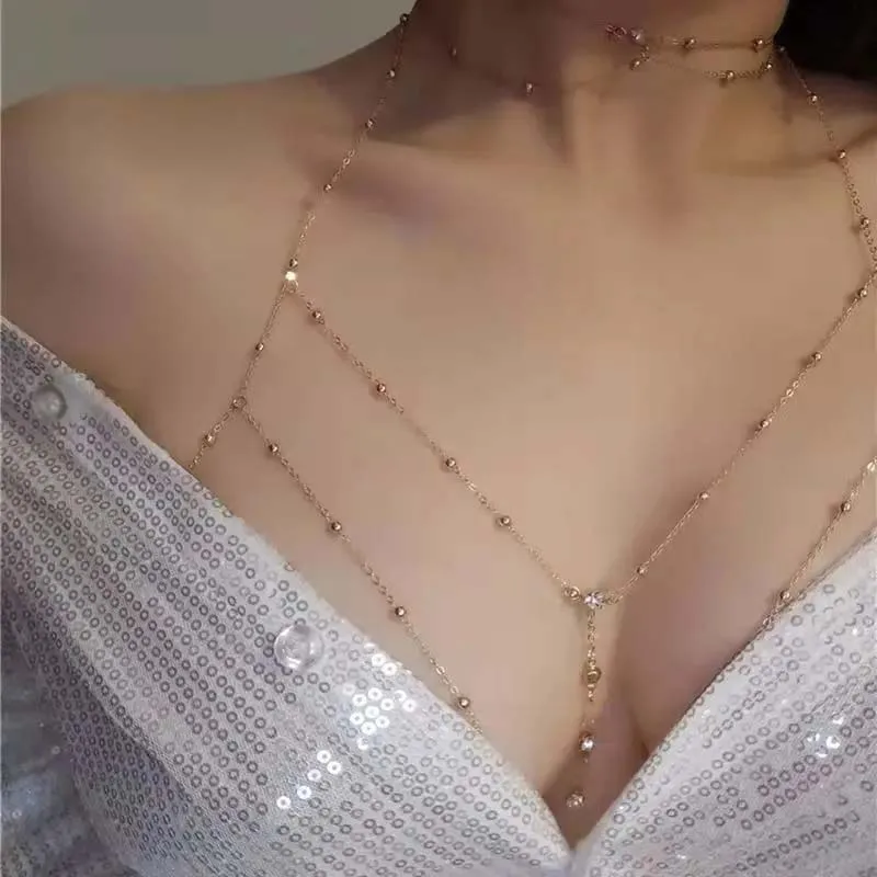 Shiny Zircon Tassel Sexy Beach Wedding Accessories Women Bra Crossover Bikini Inner Cutout Body Chain Thin Chest Chain for Girls view 6