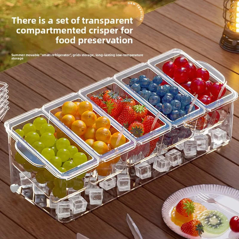 

Food-Grade Plastic Fruit Storage Box with Dividers Portable Picnic Cooler & Salad Container with 2 Clips & 5 Forks for Home Use