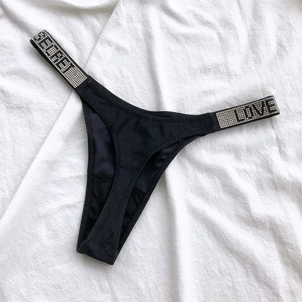 Letter Rhinestone Panties Underwear Hip Lifting Satin Thong Sexy Low Waist Seamless Briefs Lingerie Swimwear Bottom 2022 NEW image 4