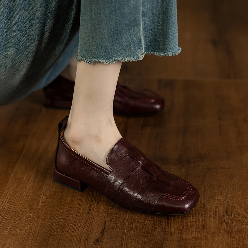 

Women's new genuine leather cowhide European style low heel large size square toe shallow mouth retro single shoe fashion shoes