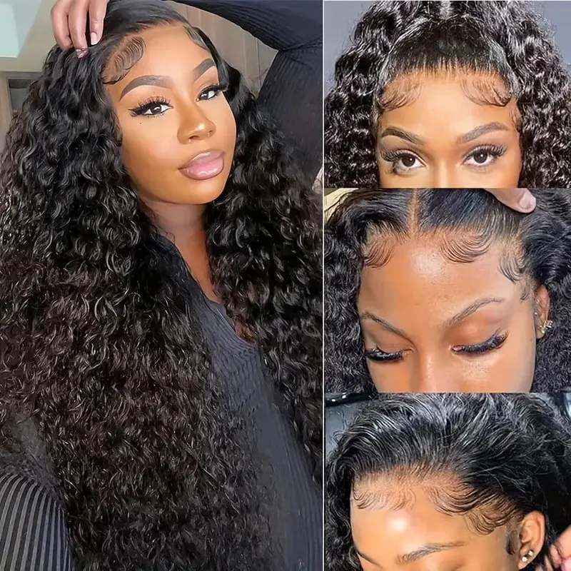 26 Inch Natural Black 13x4 Curly Lace Front Frontal Wig Glueless Deep Wave Human Hair Wigs  For Women Full 150% Brazilian