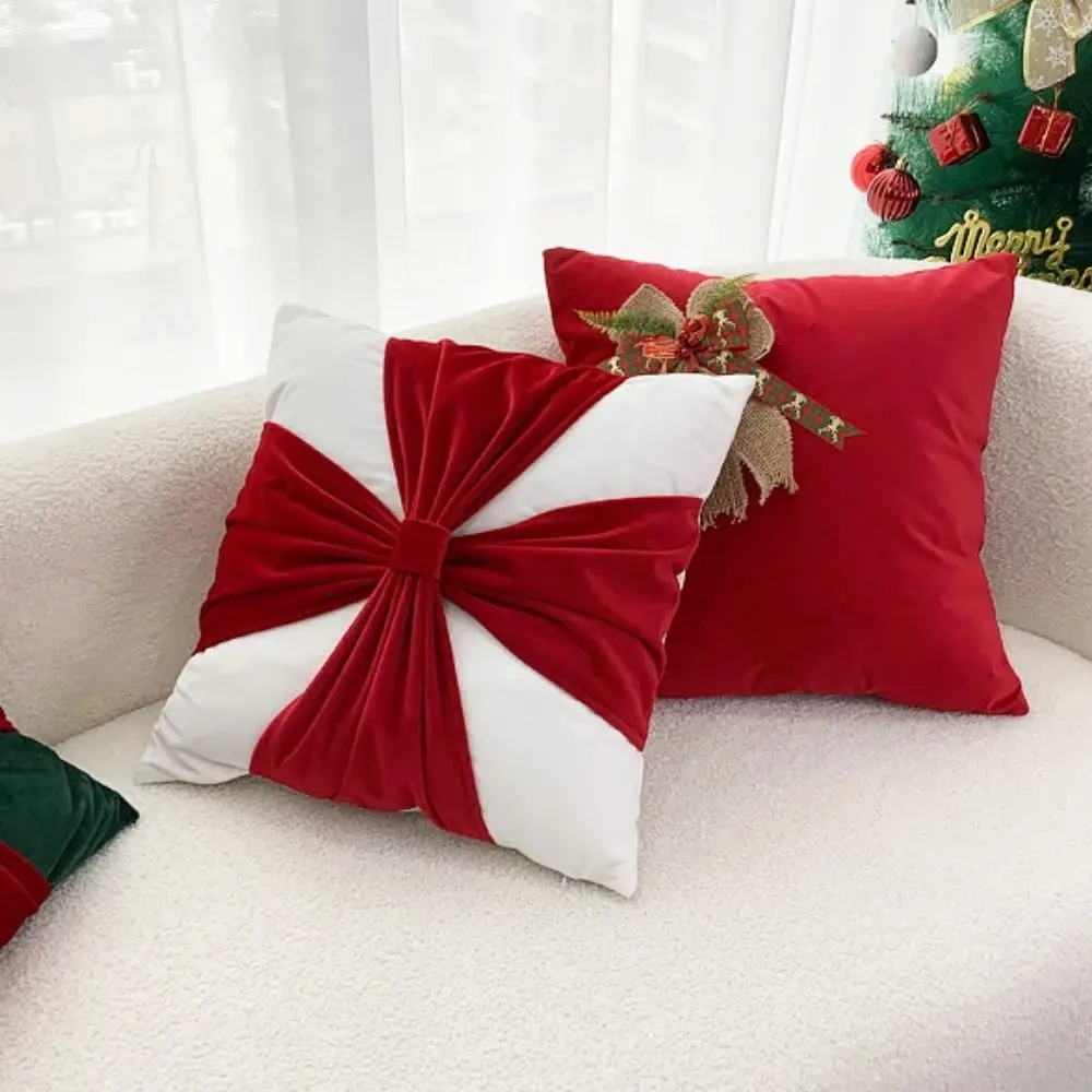 

Square Christmas Cushion Cover Cute Polyester Fiber Throw Pillow Cover Soft Simple Bow Pillow Covers Living Room Decoration
