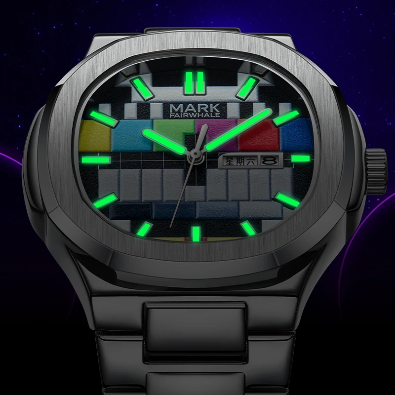 ساعة مارك فيرويل الجديدة للرجال كوارتز بتصميم ريترو بمينا تلفزيوني من الفولاذ المقاوم للصدأ وتقويم أسبوعي مضيء وساعات مقاومة للماء للرجال