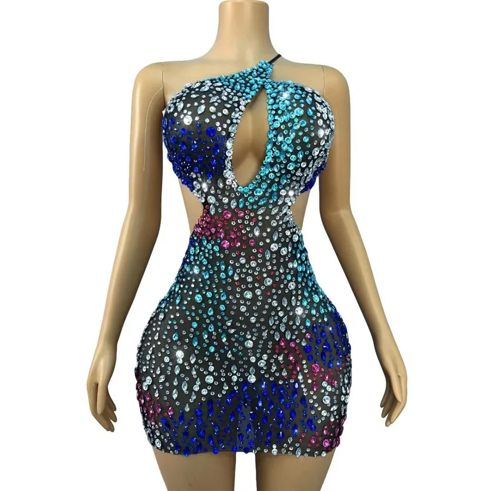 

Luxury Elegance Shining Colorful Rhinestones Package hip Mesh Short Dress Women Birthday Party Celebrate Gown Show Stage Wear