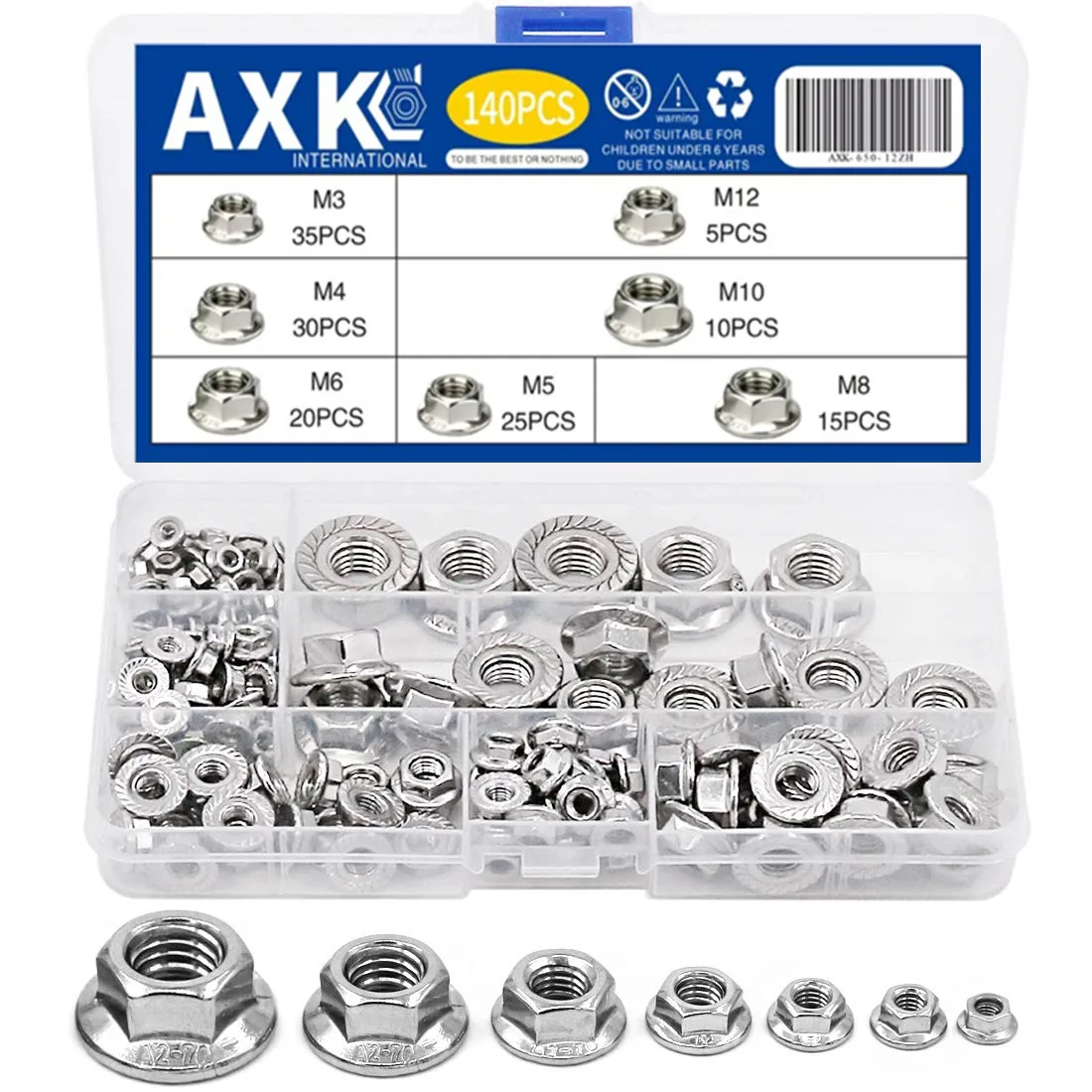 140pcs 304 Stainless Steel Hex Hexagon Flange Nuts Serrated Spinlock Nut Lock Assortment Kit DIN6923 M3 M4 M5 M6 M8 M10 M12