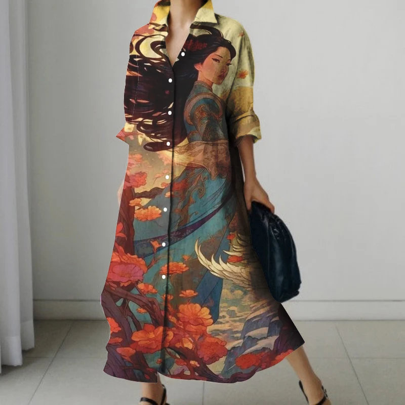 Japanese Classical Cat Wave Print Autumn Long-sleeved Shirt Dress Street Fashion Loose Knee-length Skirt Loose And Comfortable