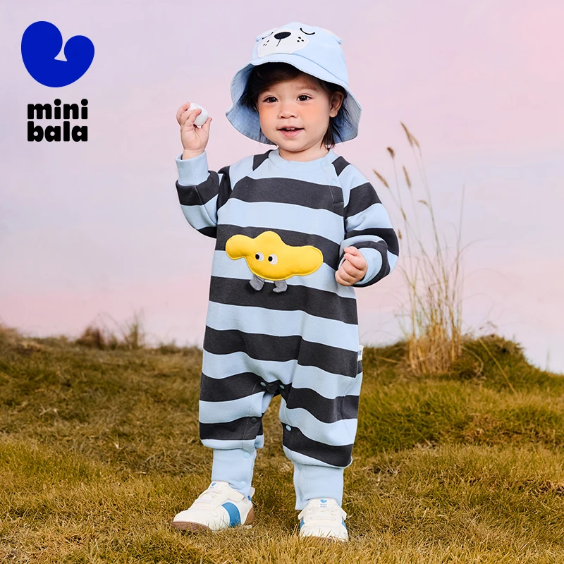 Mini Bala Long-Sleeved Pure Cotton Fleece-Lined One-Piece Outfit for Boys and Girls 2024 New Autumn and Winter Styles