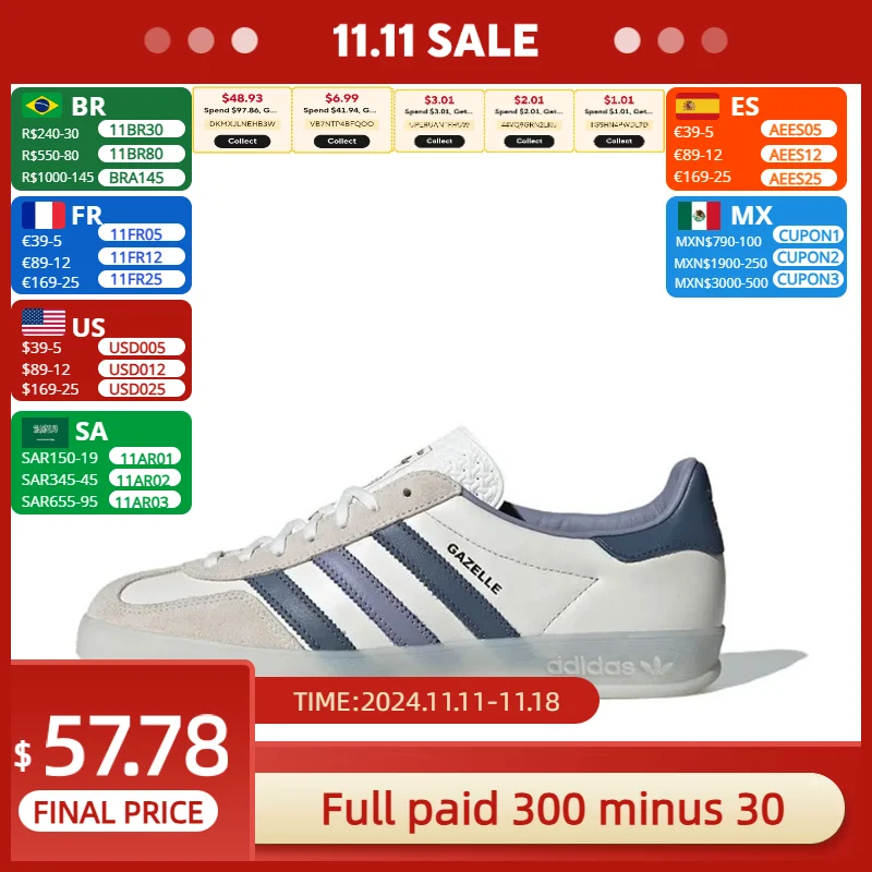 Adidas Original GAZELLE INDOOR Low Top Men's and Women's Classic Retro Board Shoes White and Blue Colorway