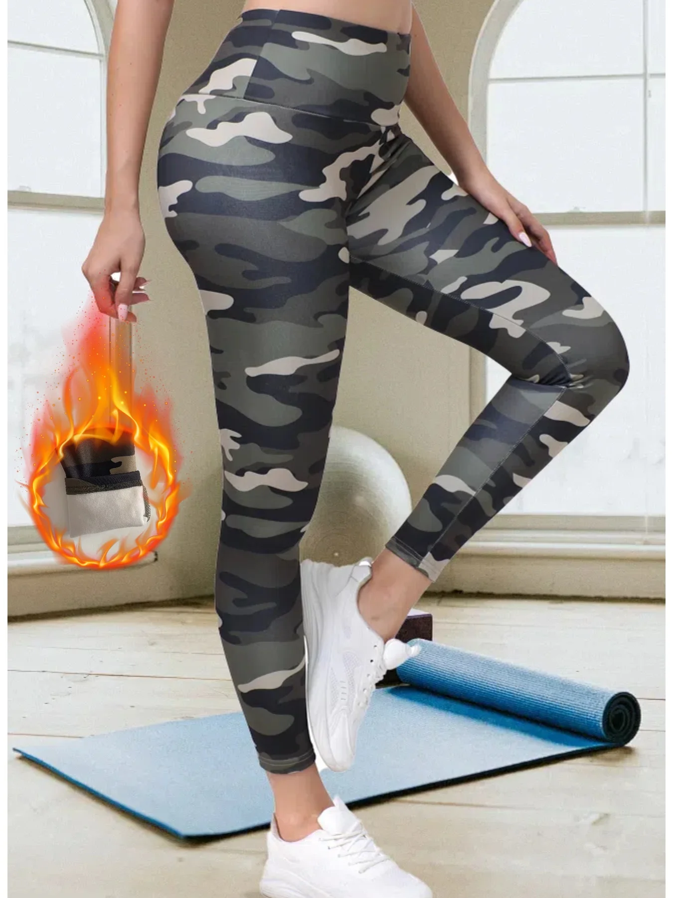 Yoga-Hose mit Tarnmuster, Fleece-Futter, hohe Taille, Design, Sport, Fitness, lässig, enge Hose