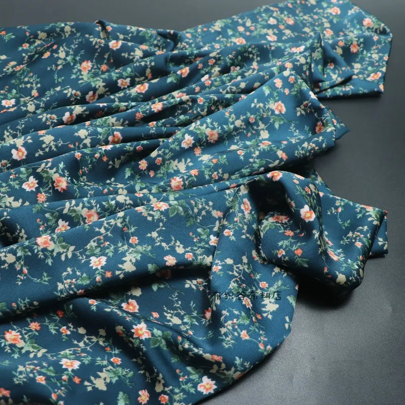 145x50cm Soft Non-See-Through Classical Blue Flower Branch Satin Fabric Cheongsam Dress Clothing Large Scrunchie Sewing Cloth