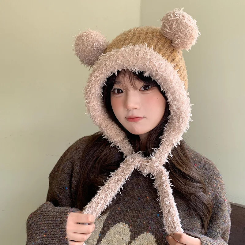 Cupola Cute Bear Ear Plush Hat women's New Autumn Winter Thick Warm Ear Protection Hat Show Face Small Knitted Hat Furry