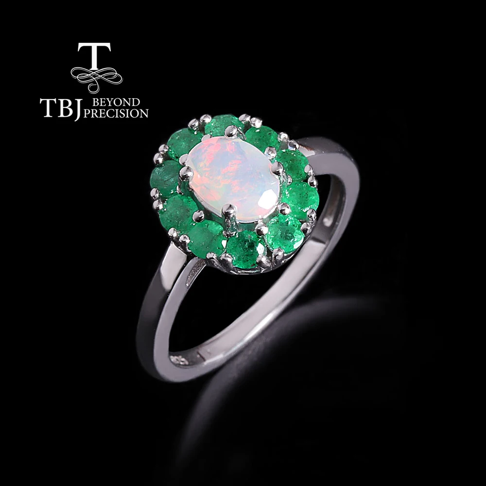 Gorgeous 925 sterling silver flower design ring natural opal emerald real gemstones fine jewelry for women's Anniversary gifts