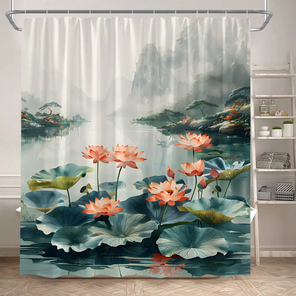 Pink Lotus Shower Curtains Vintage Chinese Style Flowers Plants Lake Nature Scenery Home Bathroom Decor Bath Curtain With Hooks