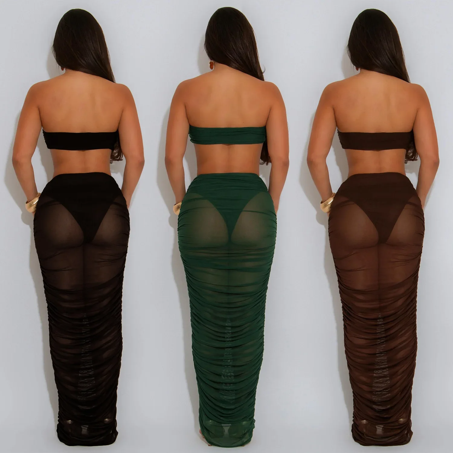 Women's Set Mesh Ruched Sleeveless Strapless Tops and Long Skirts Suit Fall Sexy Party Birthday Holiday Two 2 Piece Set