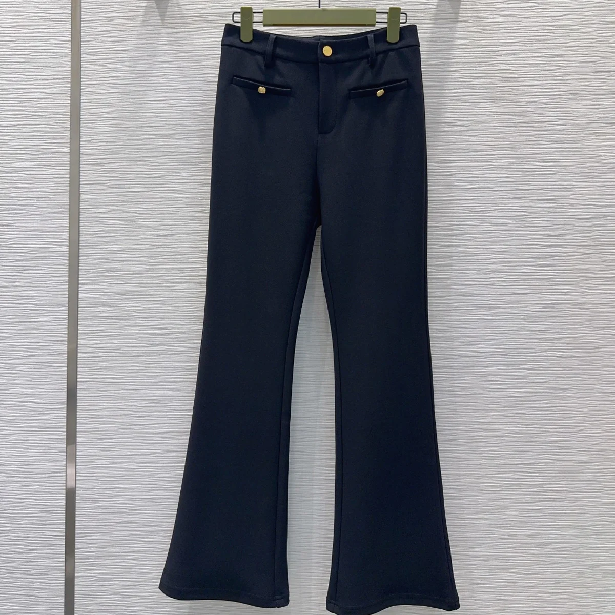 High Quality Women High Waist Flared Pants, Metal Button Decor Solid Black Thickened Stretch Bootcut Trousers lyt26101503