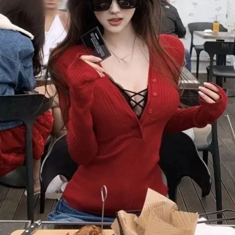 

Sexy Dark V-Neck Long Sleeve Knitted Sweater Women Thin Bodycon Slim Tops Japan Fashion Elegant Vintage Pure Color Y2k Pullover