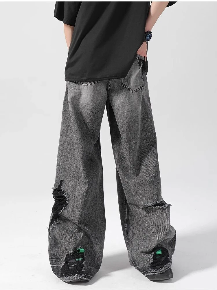 

Женские широкие черные серые джинсы с дырками, новые летние уличные брюки унисекс, свободные прямые джинсовые брюки с высокой талией