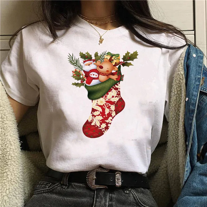 Women Christmas Stocking Santa Reindeer Snowman Print T‑Shirt Short Sleeve Round Neck Xmas Holiday Casual Fashion Ladies Daily