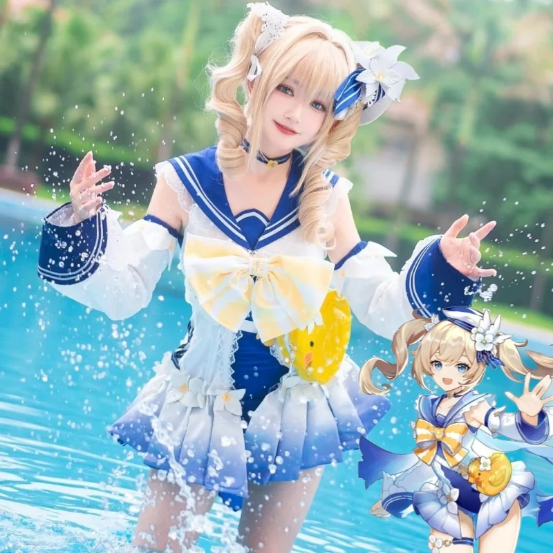 

2025 Summer Cute Girl Suit Halloween Carnival Party Cosplay Game Genshin Impact Costume Barbara One-piece Swimsuit Wig for Women