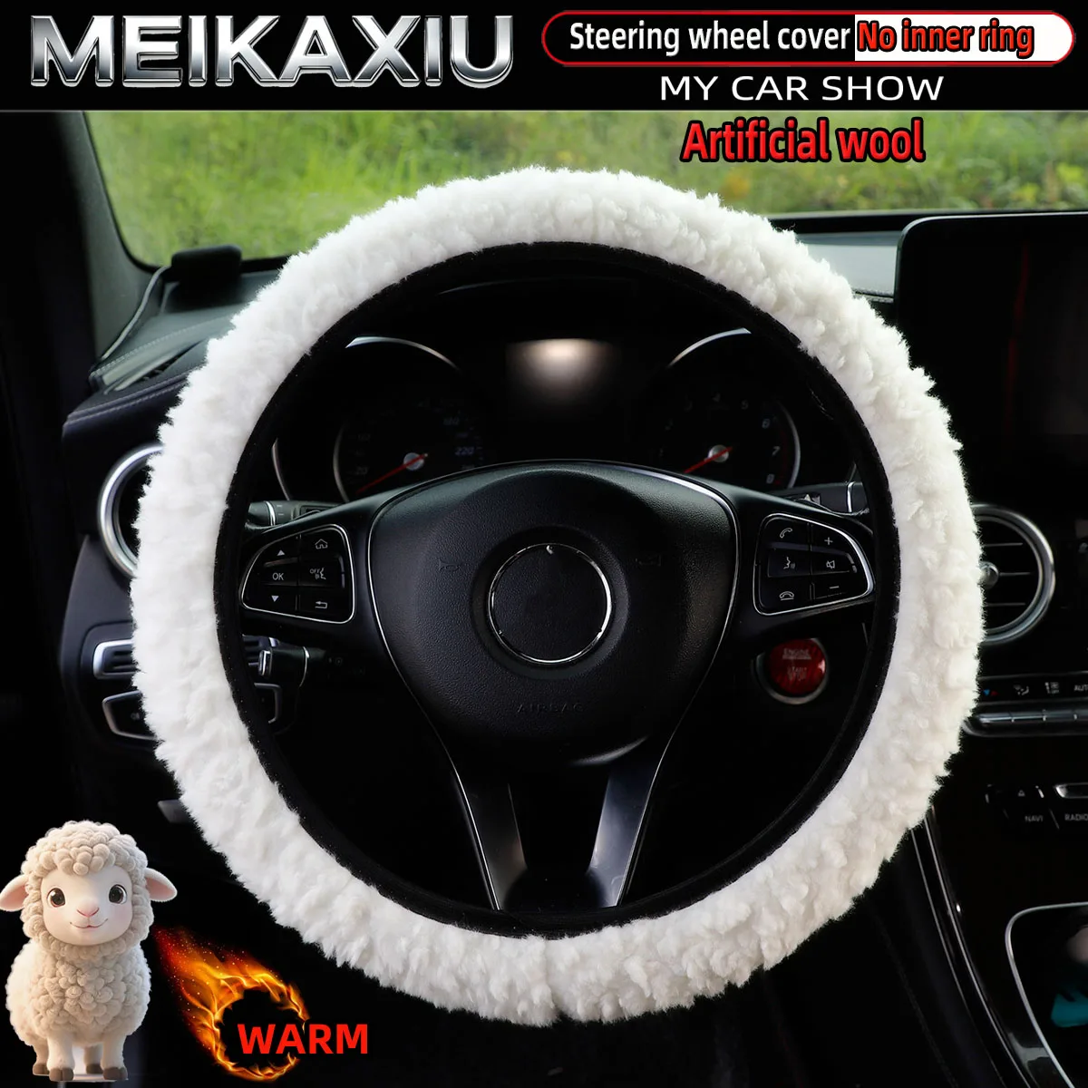 Warmer Lenkradbezug aus künstlicher Wolle, hohlloses Design für den Winter, 14,5–15 Zoll, dekoratives, bequemes Autozubehör – Detail 6