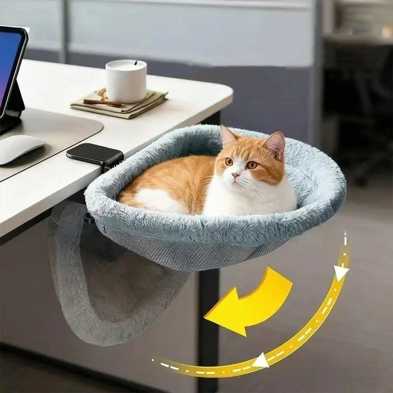 One-Click Folding Semi-Circular Cat Desk Hammock, Space Saving Sunken Design Cat Bed Perch for Indoor Home Office Kitten Rest