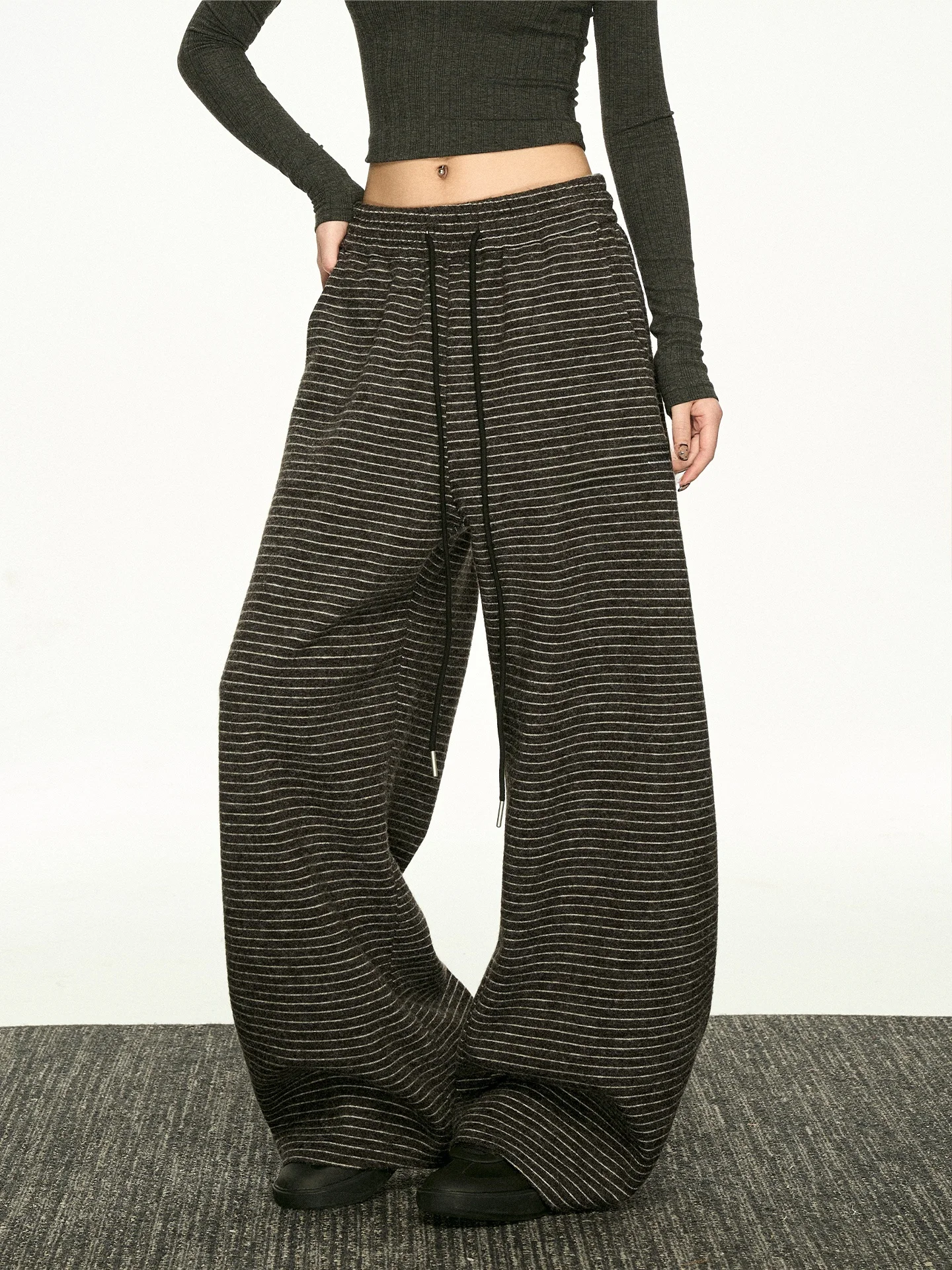 

Aaisup American Retro Striped Wide Leg Pants Women's Spring Autumn Loose Lazy Loose Drawstring Casual Long Trousers