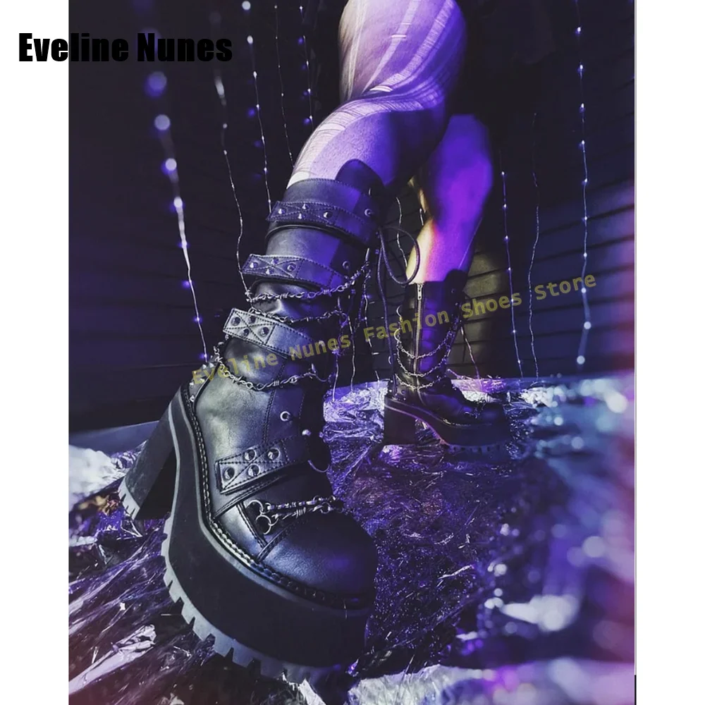 Metal Rivet Swing Platform Boots Round Toe Wedge Cross Tied Belt Buckle Punk Motorcycle Boots Gothic Style Heavy Work Shoes 2025