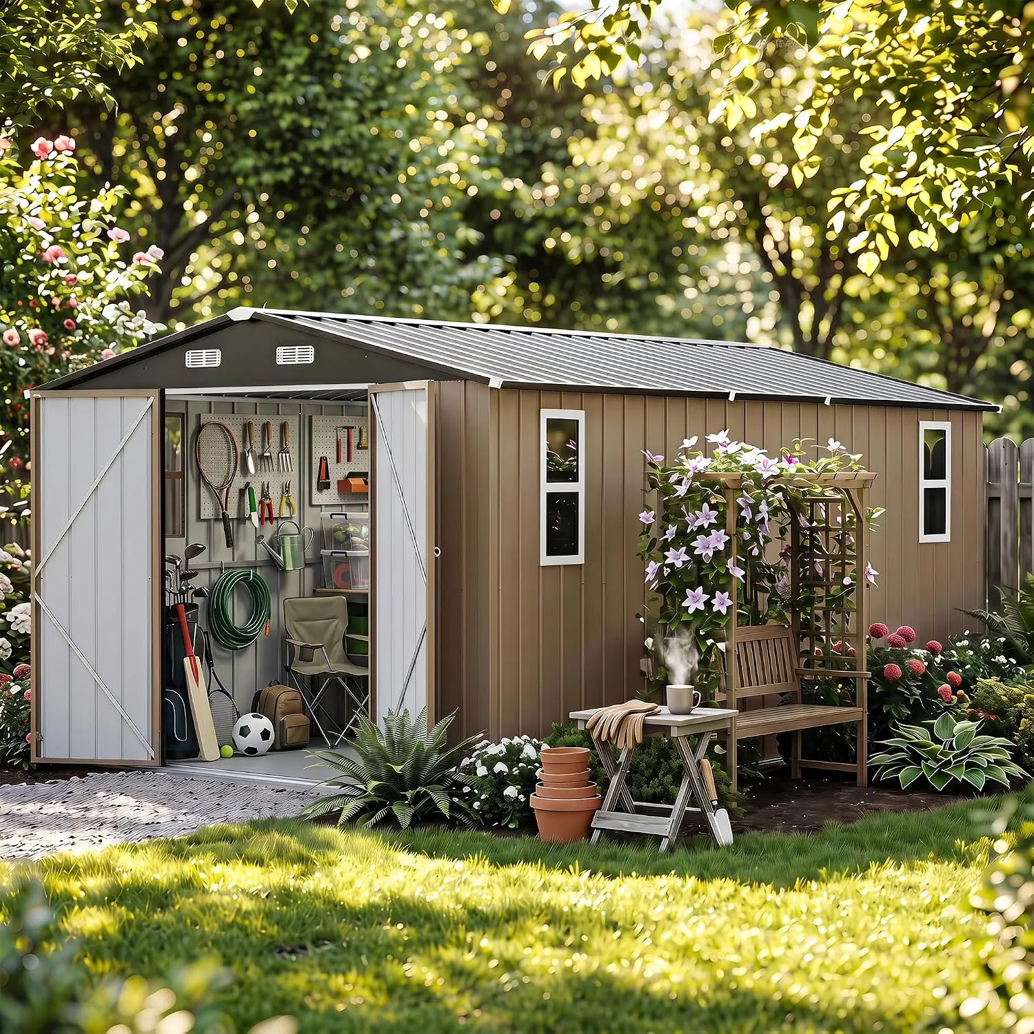 10x14 FT Outdoor Storage Shed with Windows, Steel Building with Lockable Doors, Gable Roof & Air Vent for Backyard, Customized