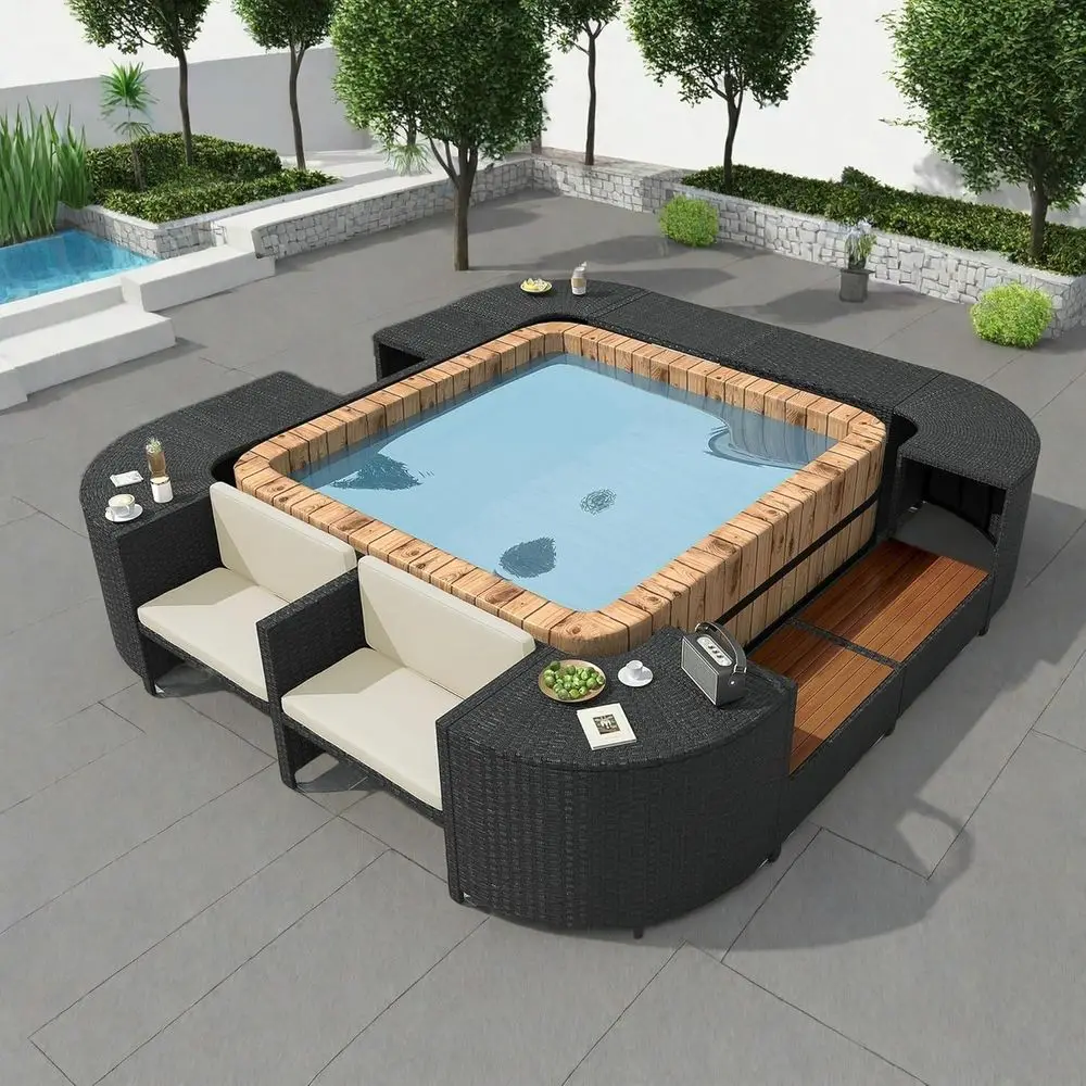 

Beige Outdoor Patio Rattan Sofa Set with Storage and Cushions for Poolside Relaxation