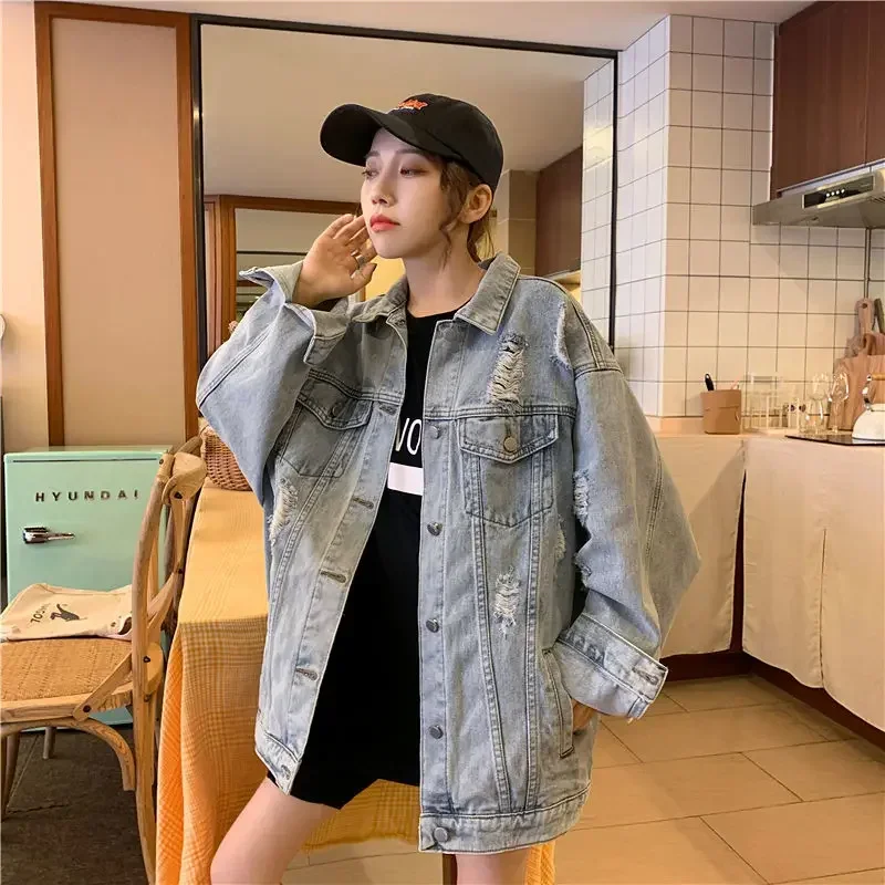 New Korean Style Denim Jackets Women Solid Color Ripped Outerwear Office Lady Oversized Female Vintage Large Size 4XL Loose Coat
