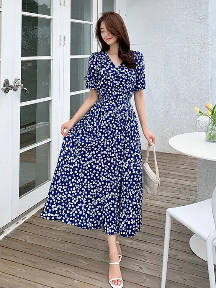 Daisy Floral Print Mujer Dr Cintura elástica Adelgazante Dulce Una línea Falda midi Cintura alta Fibra de poliéster Regular Sve