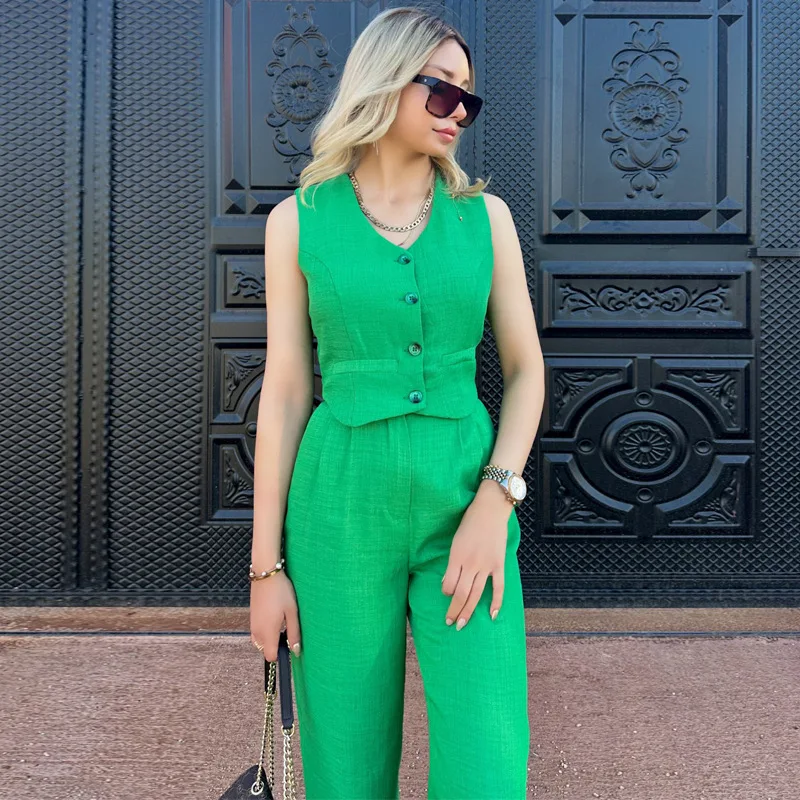 

Модные женские зеленые комплекты, жилет без рукавов с v-образным вырезом, тонкие короткие топы, брюки, костюм из двух предметов, новый летний элегантный офисный женский наряд