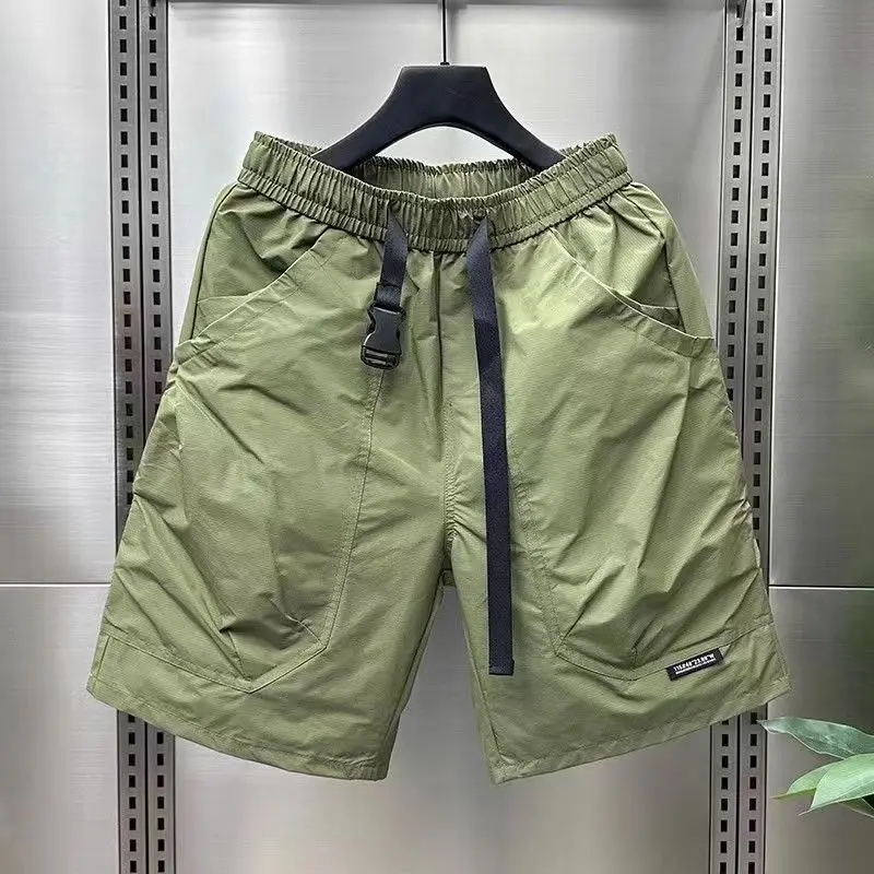 Trendy Brand Fashion Summer Men\'s Solid Color Elastic Waist Drawstring Pockets Patchwork Casual Loose Cargo Knee Length Shorts