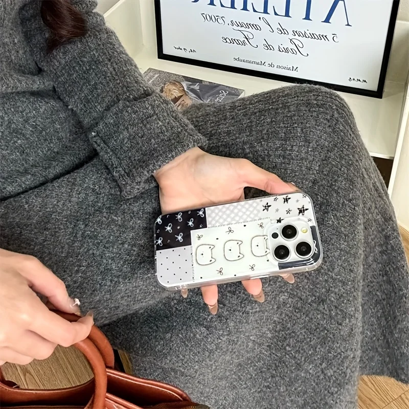 Coque de téléphone ours à pois avec nœud papillon, étui pour iPhone 17 16e 16 15 14 13 12 11 Pro Max X Xs XR XSMax 8 7 6 6s Air Plus, Texture plume