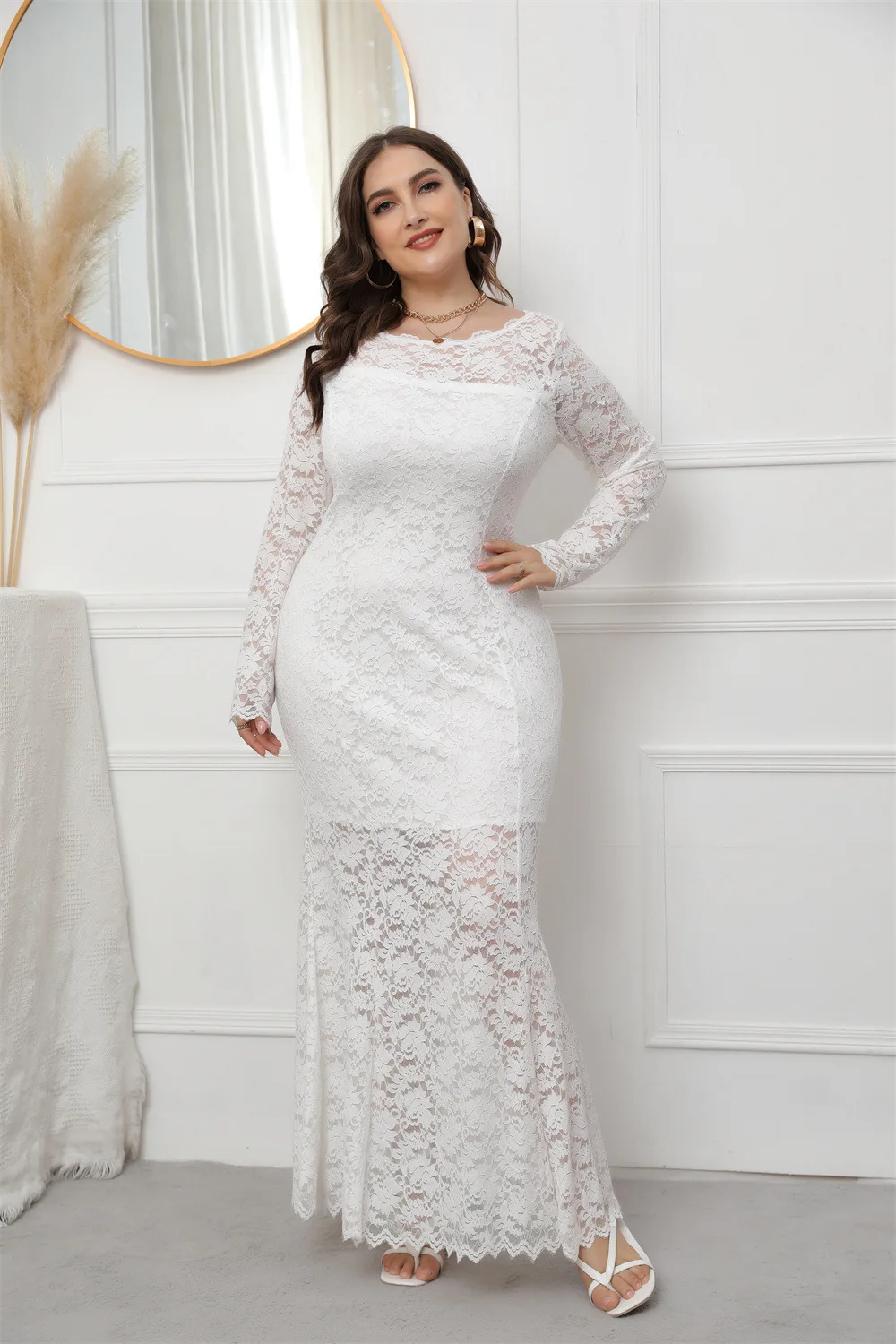 2023 Herfst Plus Size Vrouwen Effen Kleur Jurken Nieuwe Holle Kanten Fishtail Jurk Elegante Dame Avond Trouwfeestjurken