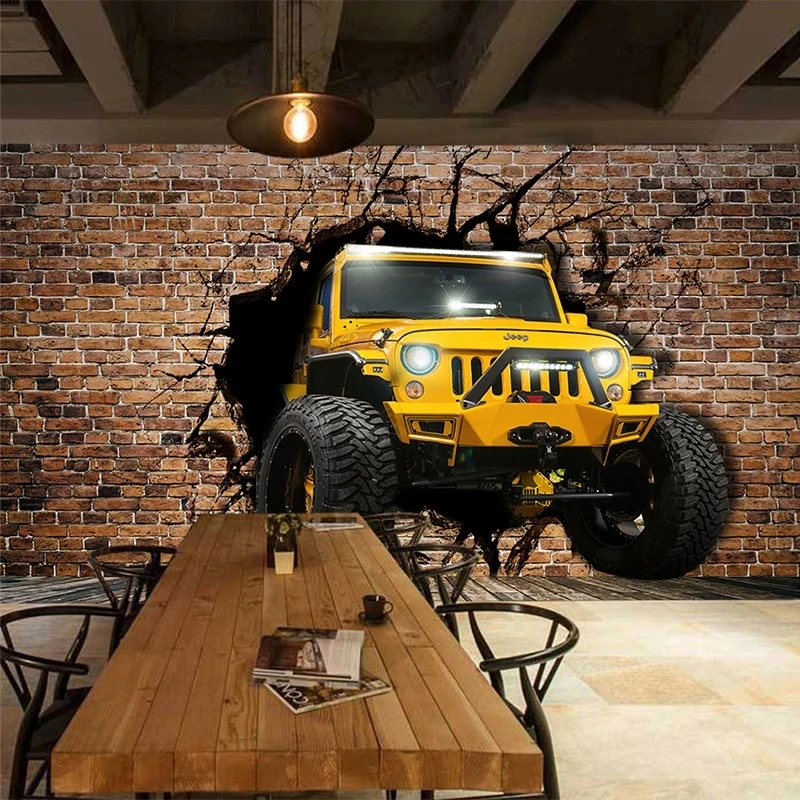 Customized Yellow Jeep Car Broken Wall Brick Wallpaper Restaurant Cafe Bar KTV Backdrop wall 3D Mural Hotel wall fabric photo 8d