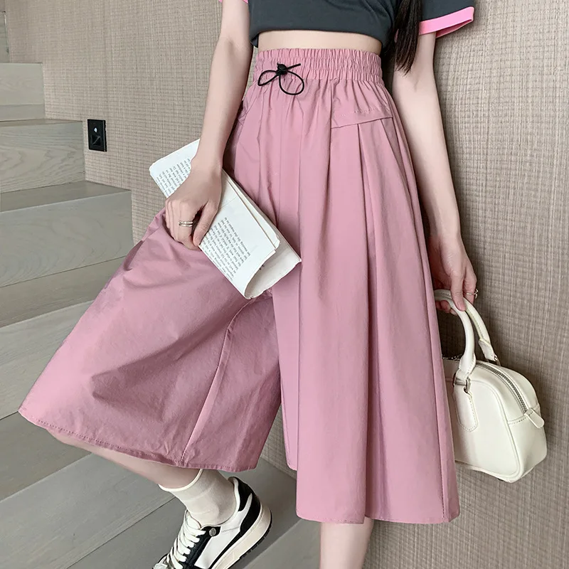 

2025 Summer Drawstring Skirt Pants for Women Fashionable All-match High Waist Casual Wide Leg Middle Pants with Pocket