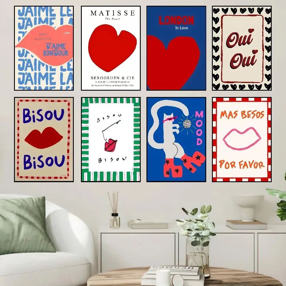 Maximalist Eclectic Pink French Quotes Bisou Bisou Bonjour Bonne Nuit Wall Art Poster  Canvas Painting