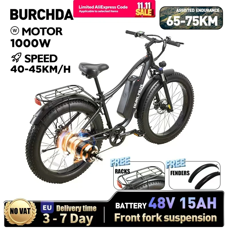 BURCHDA RX02 1000 واط 45 كيلومتر/ساعة 26 بوصة دراجة كهربائية جبلية 48V15AH بطارية ليثيوم Fatbike دراجة كهربائية للبالغين دراجة نارية #1