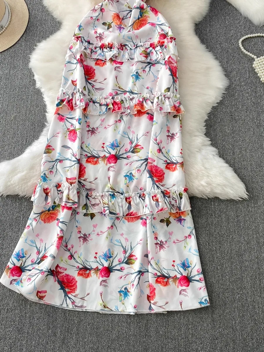 Foamlina elegante fora do ombro flor impressão maxi vestido feminino verão retro romântico cintura cinched emagrecimento plissado em camadas vestido