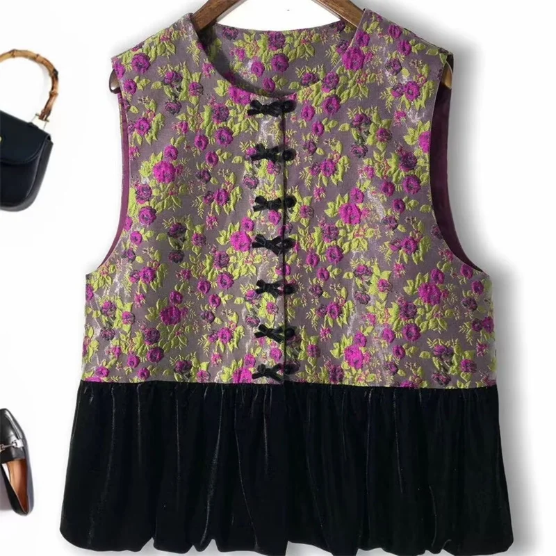 New  Women's Vest Cardigan Purple Jacquard Stitching Velvet Ladies Coat Single-breasted Retro Round Neck Vest Autumn Vest Jacket