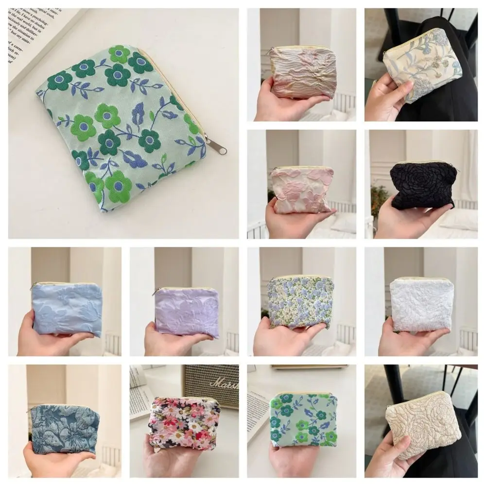 Dompet koin ritsleting kecil Jacquard tas penyimpanan perubahan tas kosmetik lipstik Dompet Clutch bunga tas penyimpanan serbet bersih