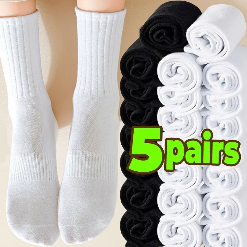 

1/5pairs Pure Cotton Sports Socks Mid Calf Black White Stockings Soft Breathable Athletic Socks Soft Comfortable Solid Hosiery