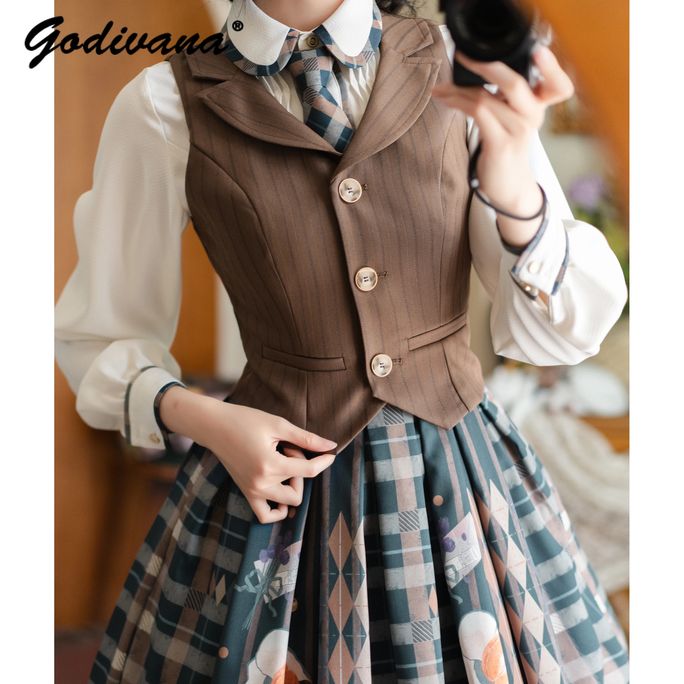 

Original New Spring College Style Women's Vintage Brown Vest Long Sleeve Slim Tie Shirt Suspender Skirt 3 Peice Set Outfits