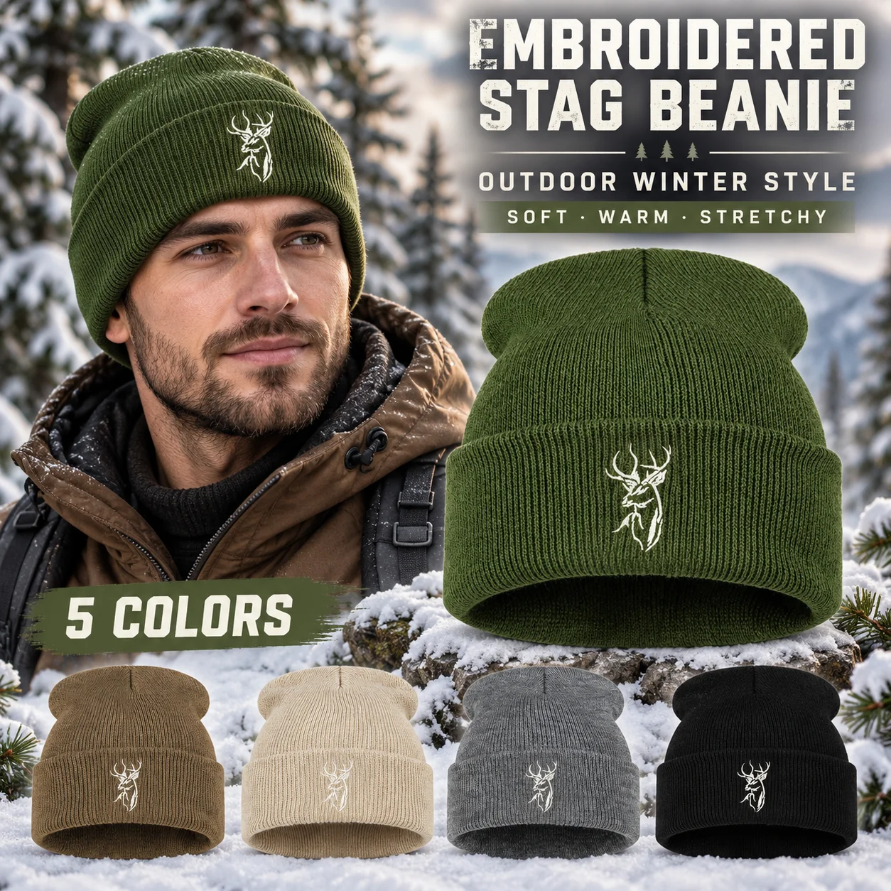 2026 Outdoor Deer Embroidered Beanie, Buck Antler Cuffed Knit Hat, Warm Winter Cap for Hunters, Woodland Camping Gift
