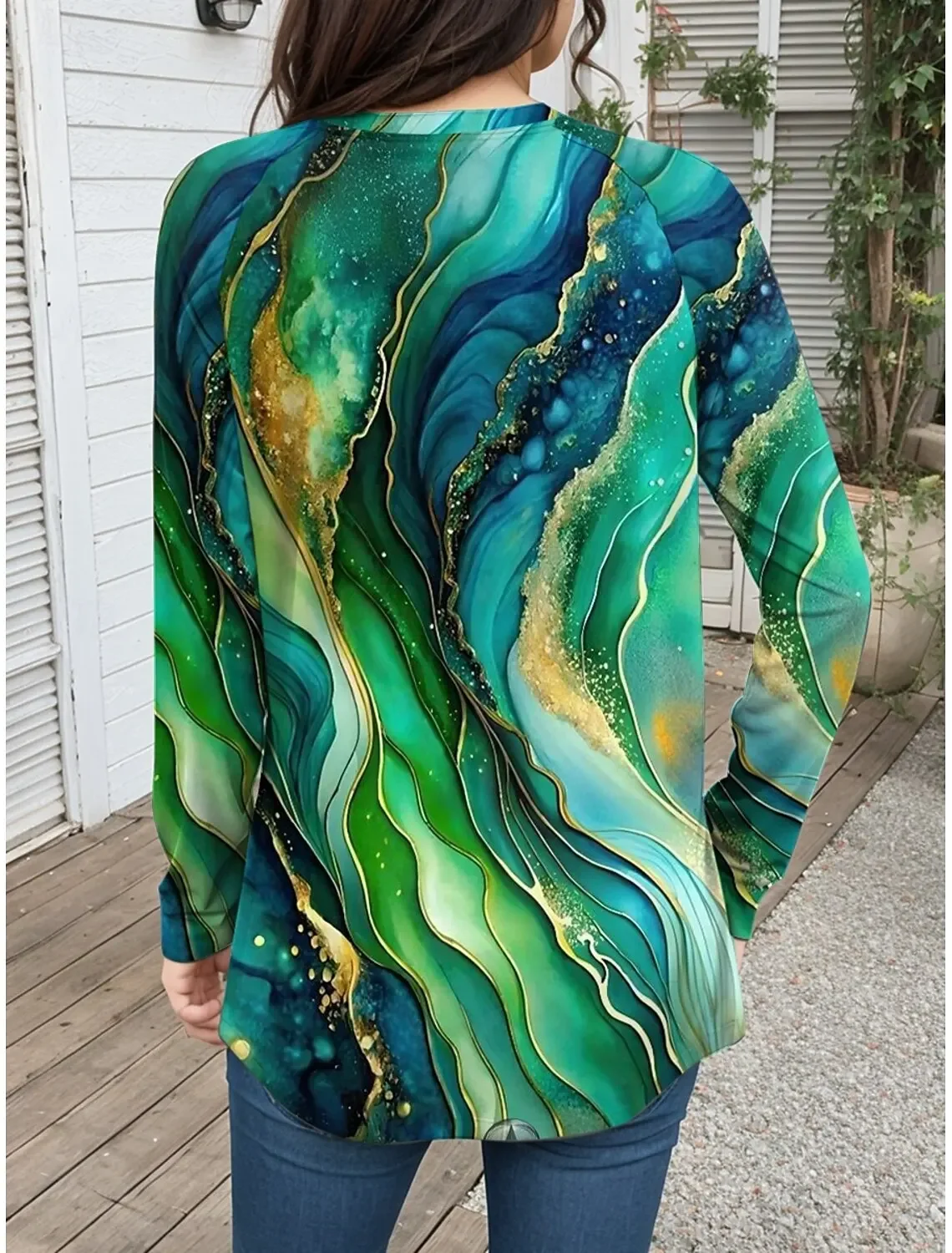 Spring and Autumn Fashion Women Tee Gradual Color Changing Printing O-Neck Long Sleeve T-Shirt Y2K Casual Tops Harajuku Pullover